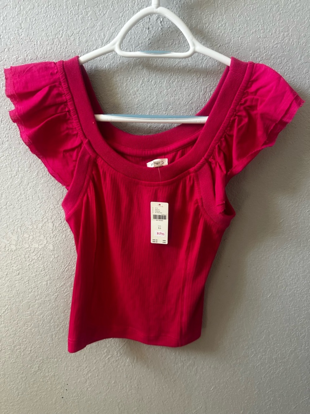 Pilcro Bright Pink Ruffled Off-Shoulder Ribbed Top - Picture 2 of 5